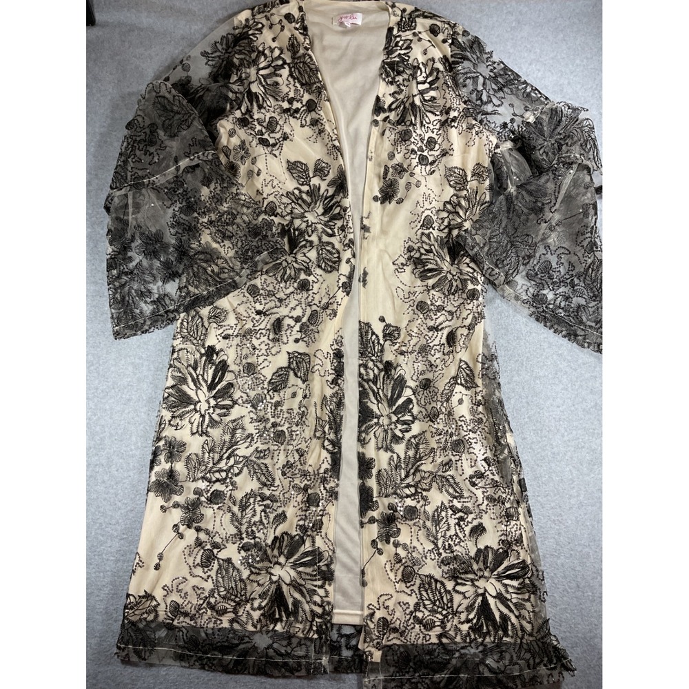 Jess Lea Floral Embroidered Sequin Duster Cardigan L/XL Bell Sleeve 1496